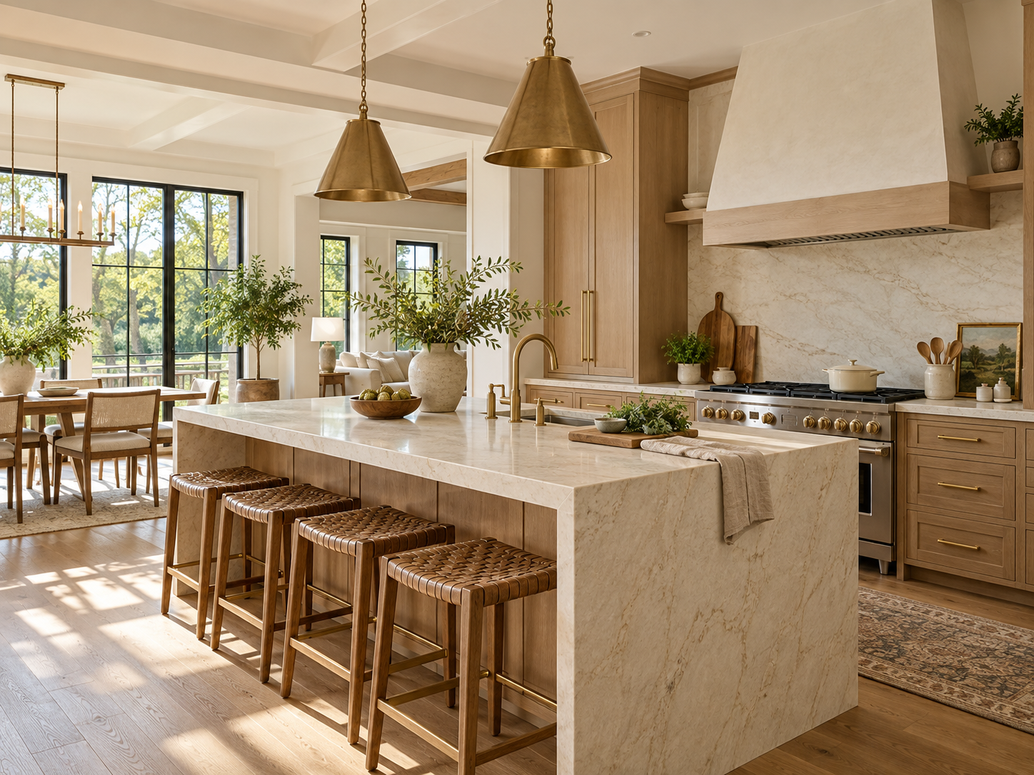 Bright kitchen with a stone island and warm wood cabinets