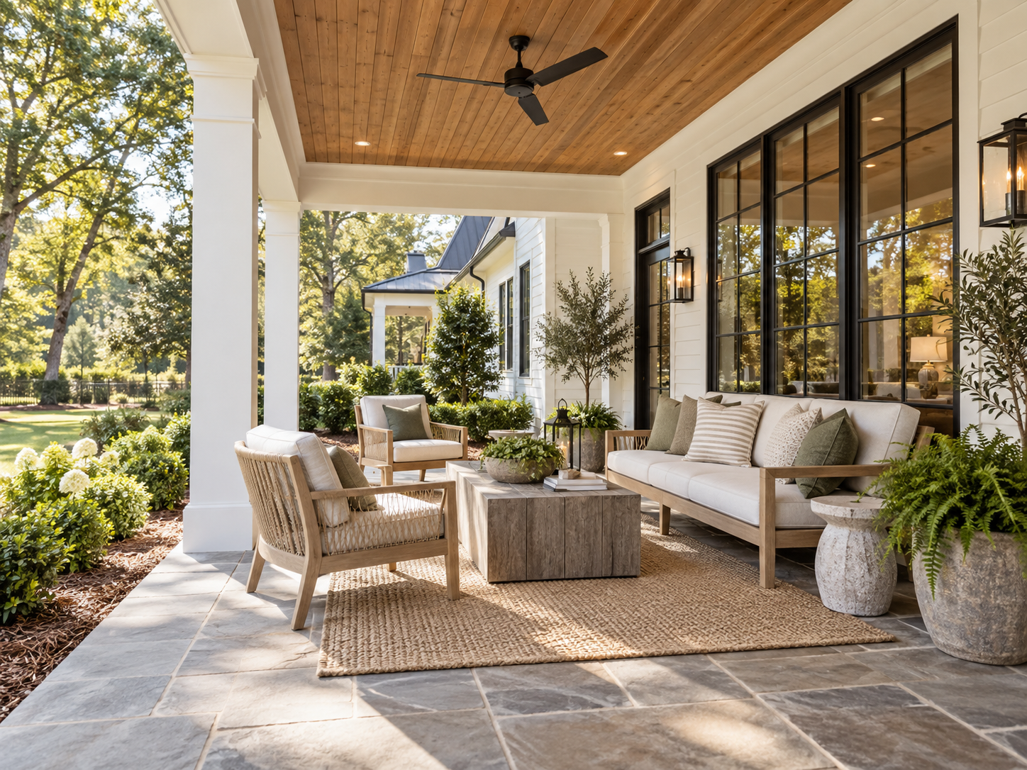 Covered porch with wood ceiling and comfortable seating